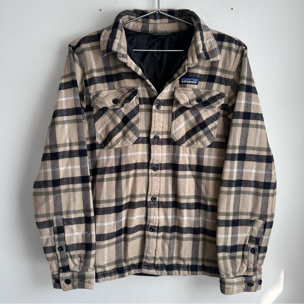Patagonia Flannel Jacket Men's S Button Up Tan Black Fjord Collared